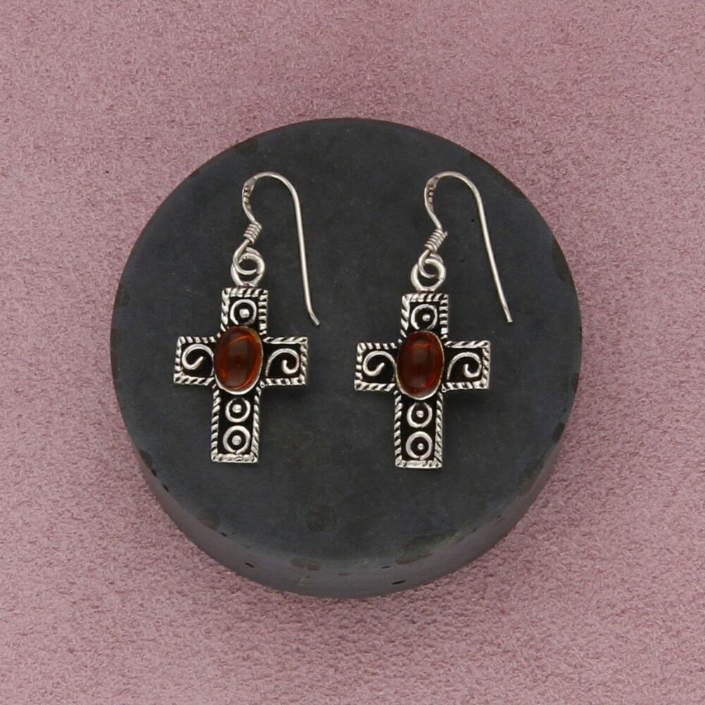 sterling silver amber cross dangle earrings